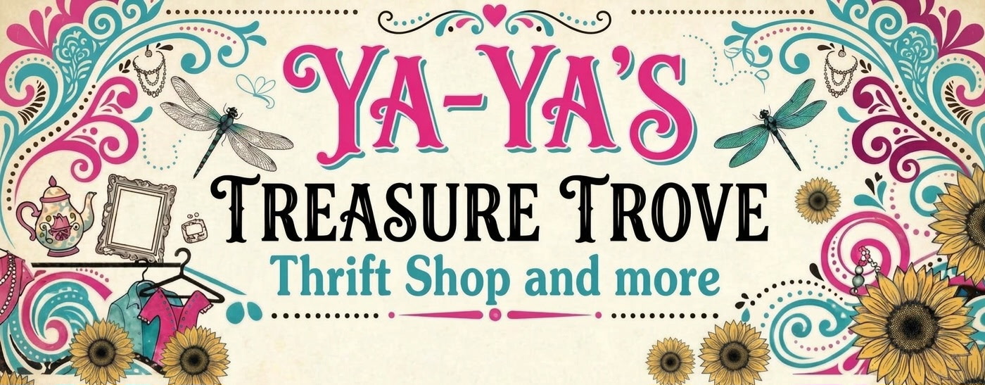 Ya-Ya’s Treasure Trove — Thrift Shop and more, pink and teal logo with sunflowers and dragonflies